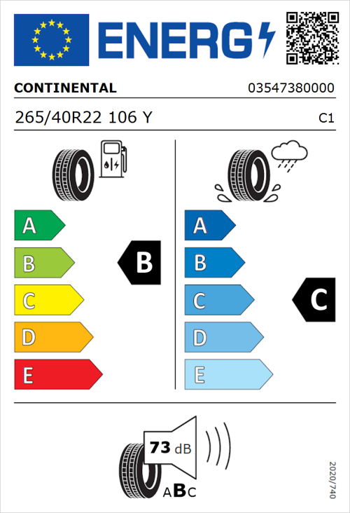 Tyre Label for Continental ContiCrossContact LX Sport 265/40R22 106Y