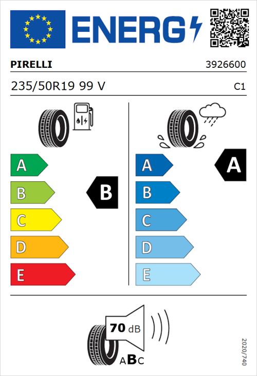 Tyre Label for Pirelli Powergy 235/50R19 99V