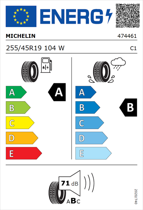 Tyre Label for Michelin Primacy 5 Energy 255/45R19 104W