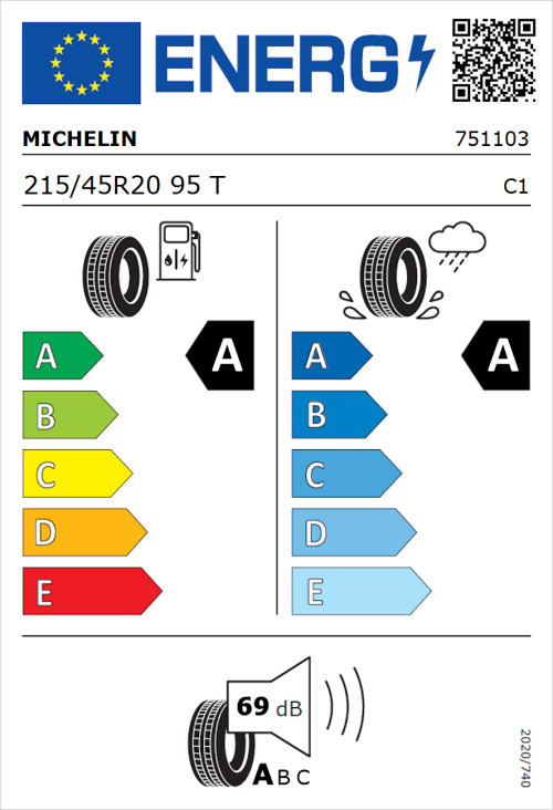 Tyre Label for Michelin Primacy 5 Energy 215/45R20 95T