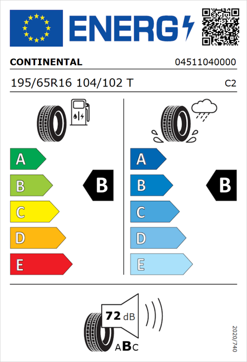 Tyre Label for Continental ContiVanContact 100 195/65R16 104/102T