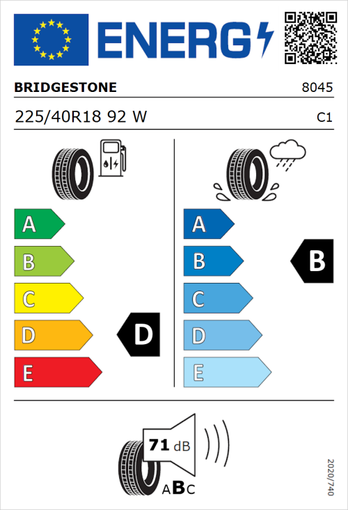 Tyre Label for Bridgestone Turanza T001 225/40R18 92W
